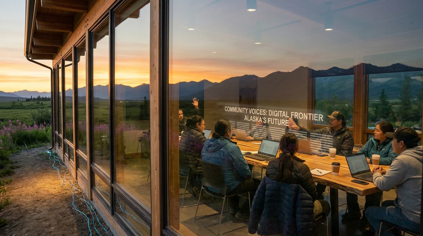 A diverse group of community members gathered around a long wooden table inside a glass-walled Alaska community center at midnight-sun summer evening, with green tundra and fireweed visible outside.