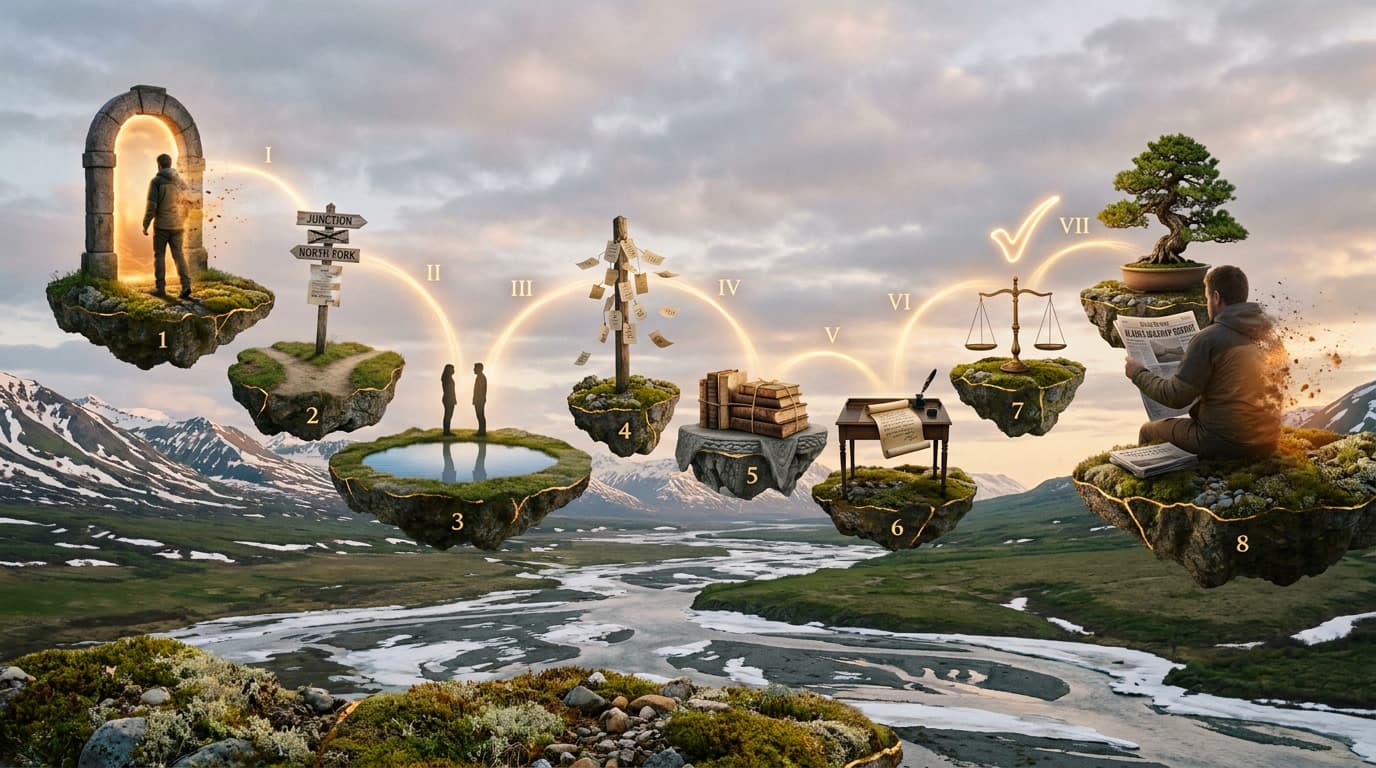 Eight floating moss-and-rock platforms arranged across an Alaska late-spring breakup landscape, each holding one stage of the editorial pipeline (microphone, signpost, pond, paper-tag post, books, writing desk, scale, newspaper). Glowing gold arcs labeled I–VII connect each platform to the next.